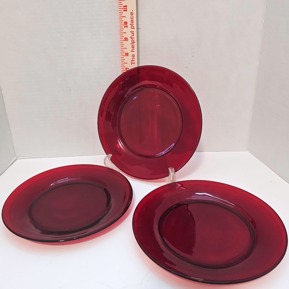 Vintage Anchor Hocking Ruby Red Glass Salad Dessert Plates Set of 3 Round 8 Inch